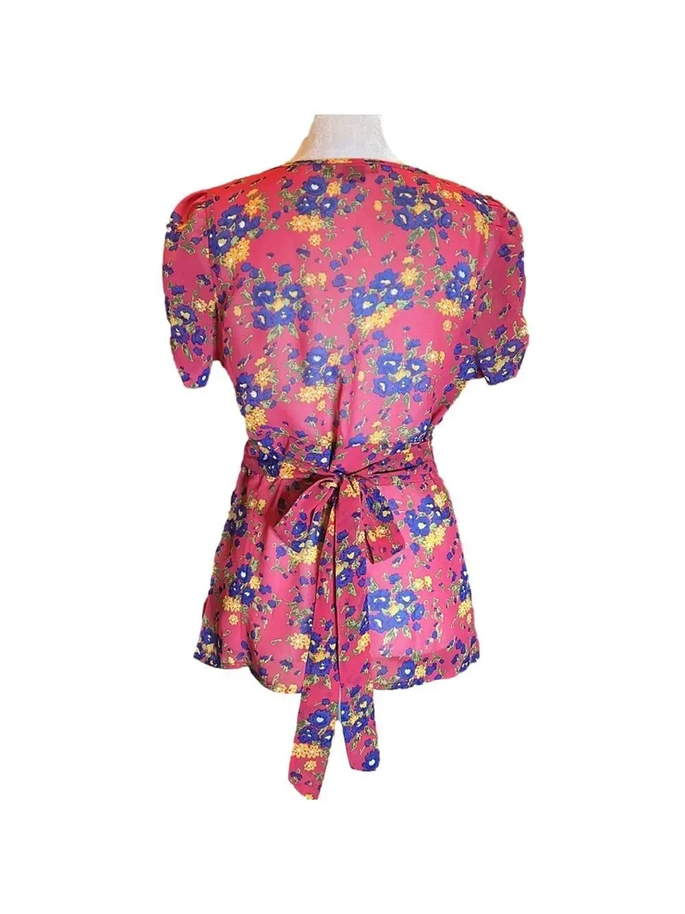 FOREVER 21 Adorable Pink Floral Print Button Up Sheer Blouse w/ Tie Back Size S - Picture 5 of 8